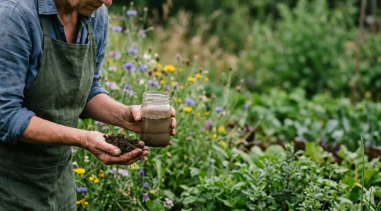 Mains d'un jardinier mesurant la qualité du sol dans un jardin verdoyant, symbole de la mesure de l'empreinte carbone au jardin
