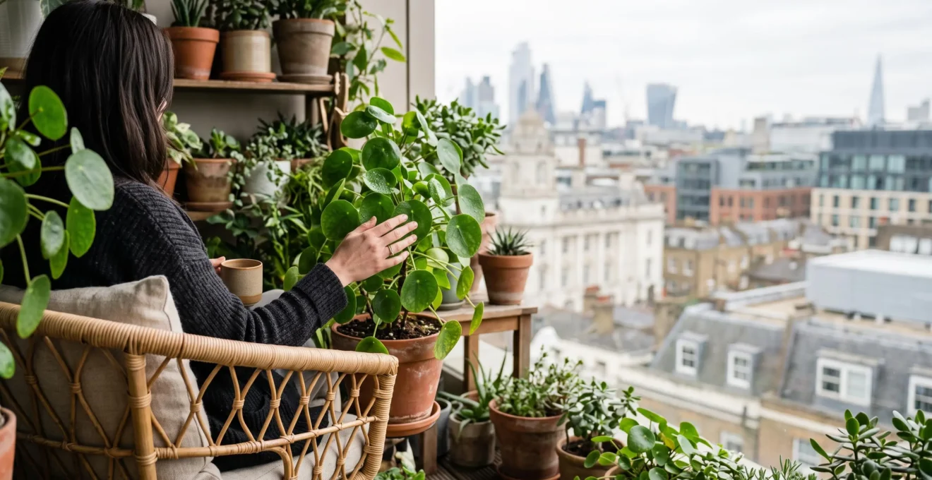 Petit balcon urbain aménagé avec soin, mêlant plantes luxuriantes, mobilier compact en bois et un fauteuil confortable baigné de lumière douce