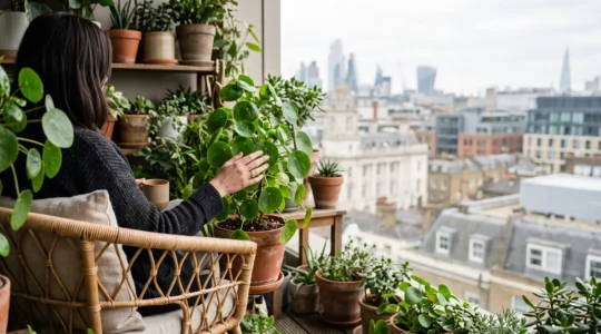 Petit balcon urbain aménagé avec soin, mêlant plantes luxuriantes, mobilier compact en bois et un fauteuil confortable baigné de lumière douce