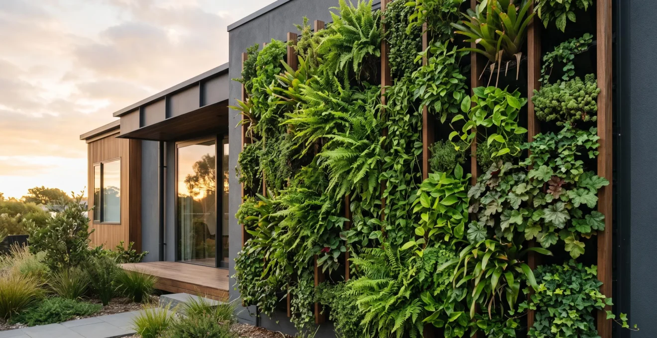 Mur végétal luxuriant fixé sur une façade de maison, illustrant une structure verticale durable et bien entretenue