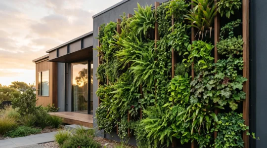 Mur végétal luxuriant fixé sur une façade de maison, illustrant une structure verticale durable et bien entretenue