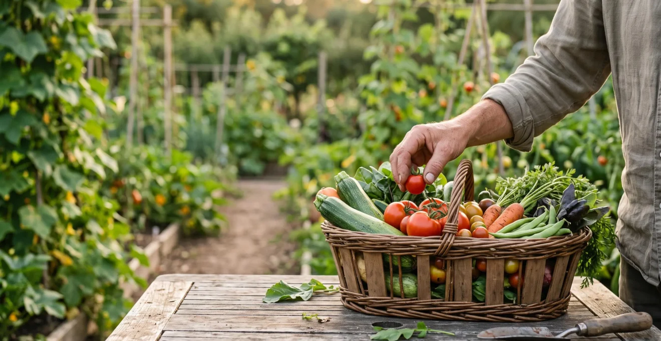 Panier en bois rempli de légumes fraîchement récoltés au potager, symbole d'économies sur le budget alimentaire