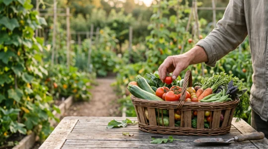 Panier en bois rempli de légumes fraîchement récoltés au potager, symbole d'économies sur le budget alimentaire