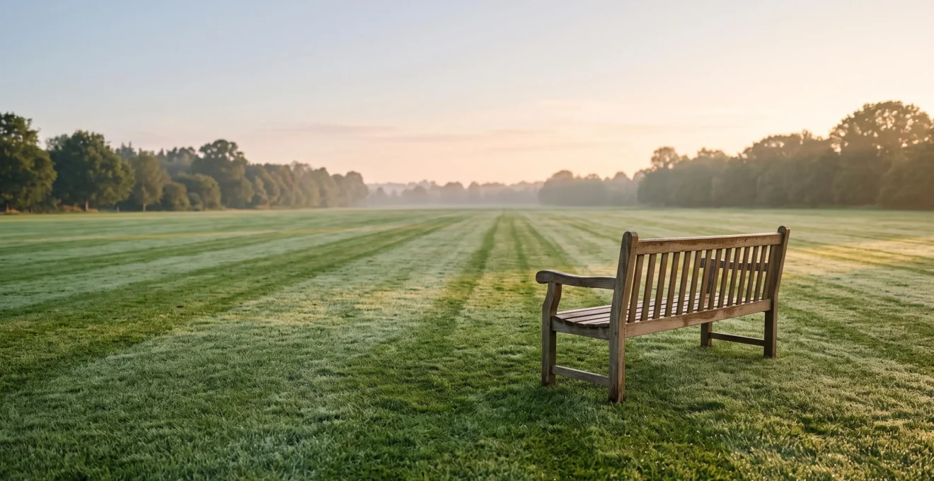 Pelouse dense et verte parfaitement entretenue avec des lignes de tonte nettes, illustrant un gazon digne d'un terrain de golf