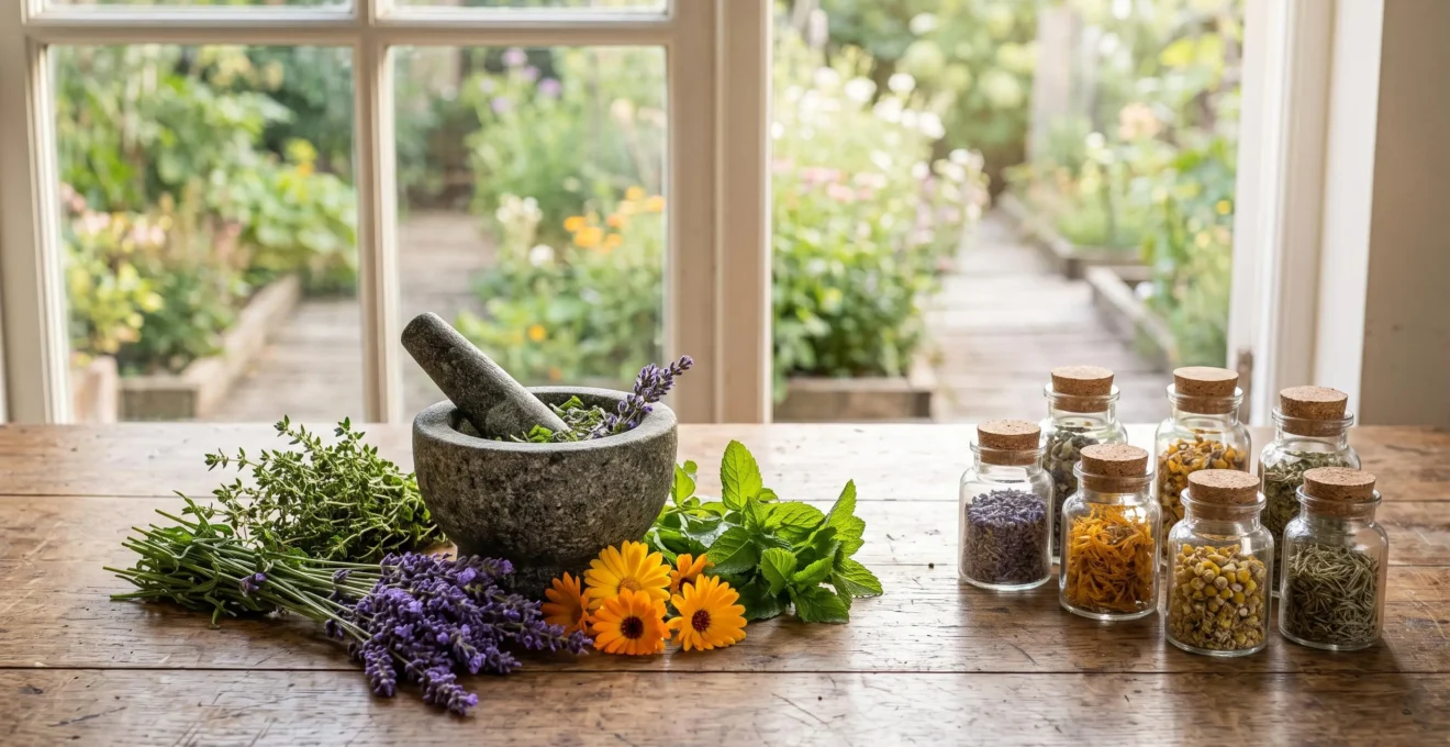 Table en bois avec bouquets de plantes médicinales séchées et un mortier, symbolisant une pharmacie végétale familiale