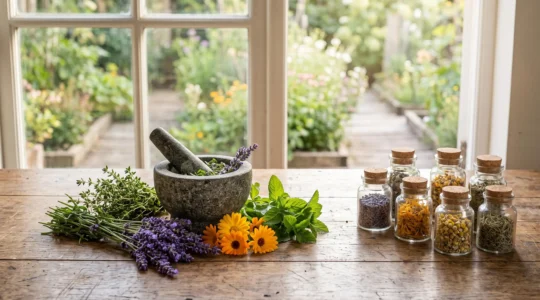 Table en bois avec bouquets de plantes médicinales séchées et un mortier, symbolisant une pharmacie végétale familiale