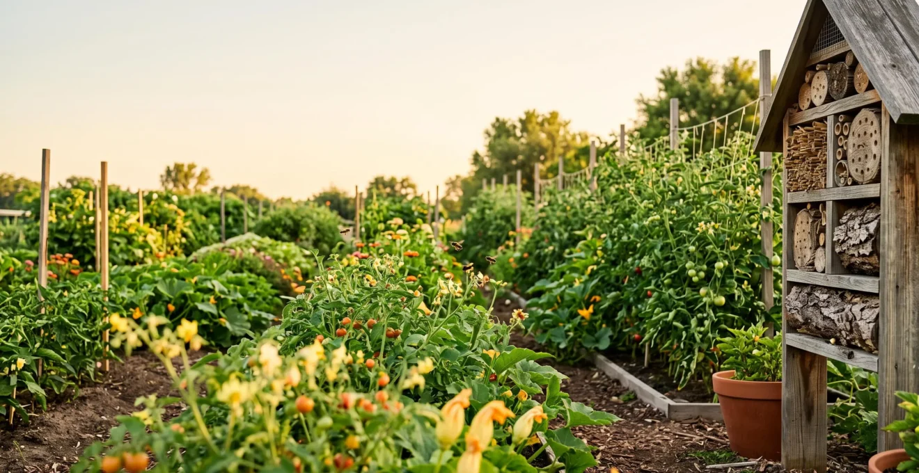 Potager luxuriant au petit matin avec fleurs de légumes et abeilles solitaires butinant près d'un hôtel à insectes en bois