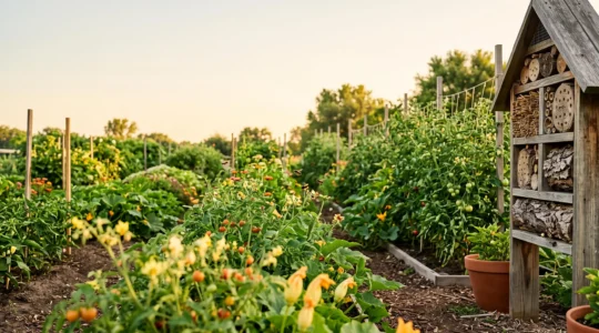 Potager luxuriant au petit matin avec fleurs de légumes et abeilles solitaires butinant près d'un hôtel à insectes en bois