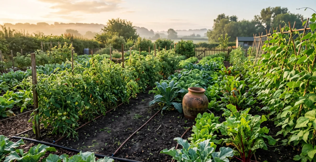 Potager luxuriant au petit matin avec système d'irrigation goutte-à-goutte discret entre les rangs de légumes
