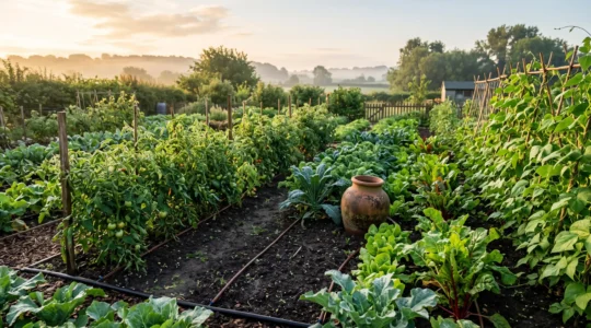 Potager luxuriant au petit matin avec système d'irrigation goutte-à-goutte discret entre les rangs de légumes