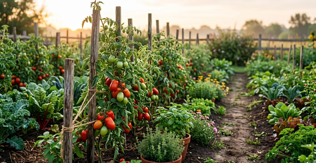 Rangs de légumes vigoureux dans un potager familial baigné de lumière douce, symbolisant une production plus saine que le bio industriel