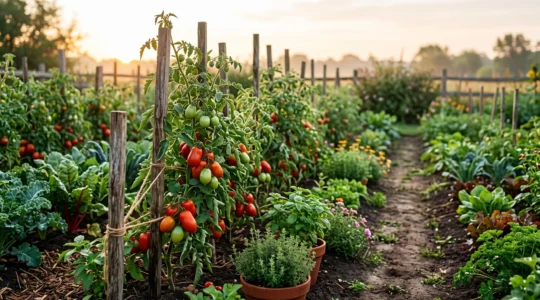 Rangs de légumes vigoureux dans un potager familial baigné de lumière douce, symbolisant une production plus saine que le bio industriel