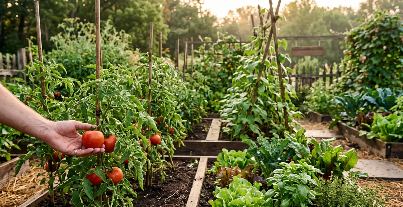 Une main cueillant délicatement une tomate mûre dans un potager luxuriant baigné de lumière du matin
