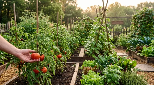 Une main cueillant délicatement une tomate mûre dans un potager luxuriant baigné de lumière du matin