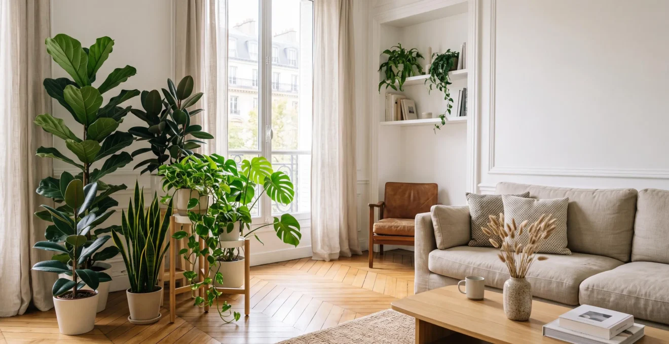 Salon lumineux et épuré rempli de plantes vertes dépolluantes disposées près d'une fenêtre pour assainir l'air intérieur