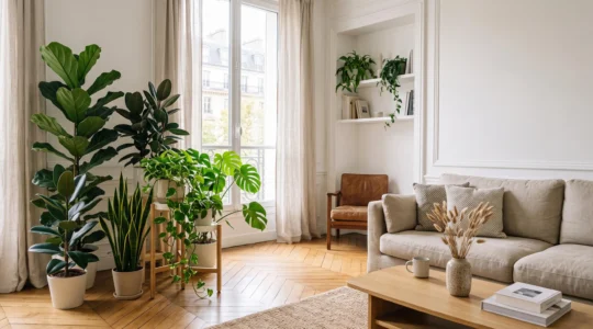 Salon lumineux et épuré rempli de plantes vertes dépolluantes disposées près d'une fenêtre pour assainir l'air intérieur