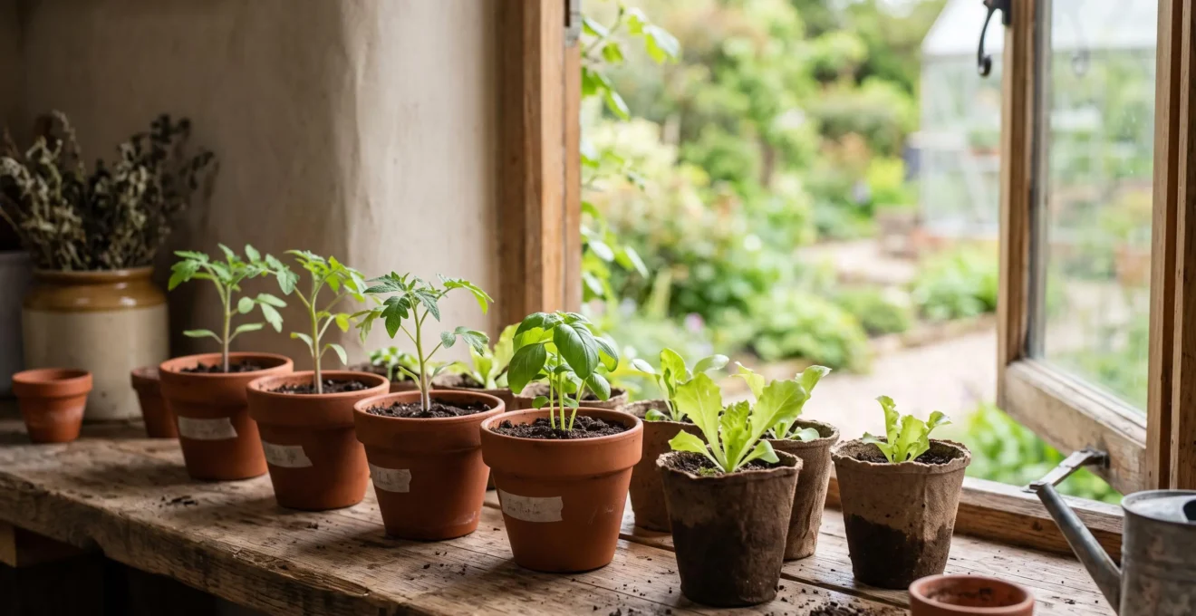 Jeunes plantules vertes en godets alignées près d'une fenêtre lumineuse, symbolisant le passage de l'intérieur vers le jardin