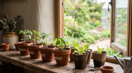 Jeunes plantules vertes en godets alignées près d'une fenêtre lumineuse, symbolisant le passage de l'intérieur vers le jardin