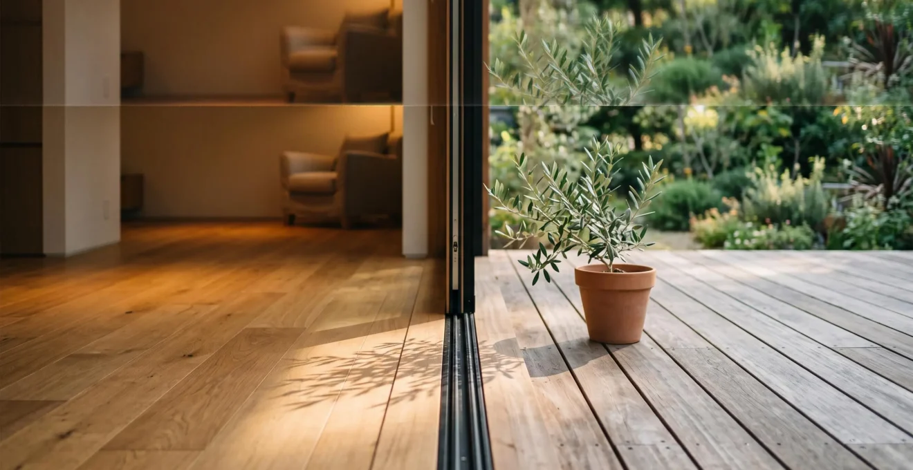 Ligne de seuil entre un parquet interieur chaleureux et une terrasse en bois baignee de lumiere, symbolisant la continuite entre dedans et dehors