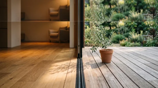 Ligne de seuil entre un parquet interieur chaleureux et une terrasse en bois baignee de lumiere, symbolisant la continuite entre dedans et dehors