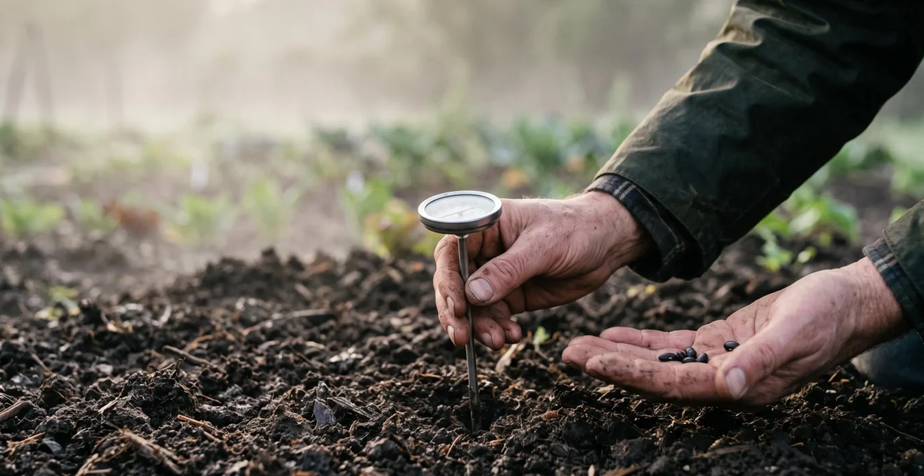 Main de jardinier insérant un thermomètre de sol dans une terre fraîchement travaillée au petit matin, symbole du semis au bon moment