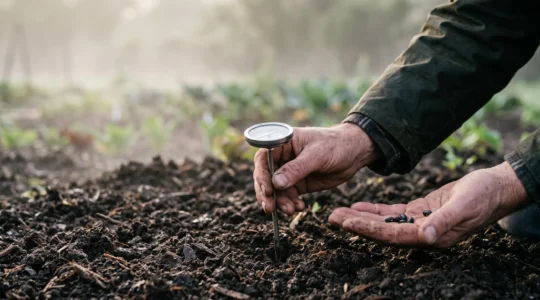 Main de jardinier insérant un thermomètre de sol dans une terre fraîchement travaillée au petit matin, symbole du semis au bon moment