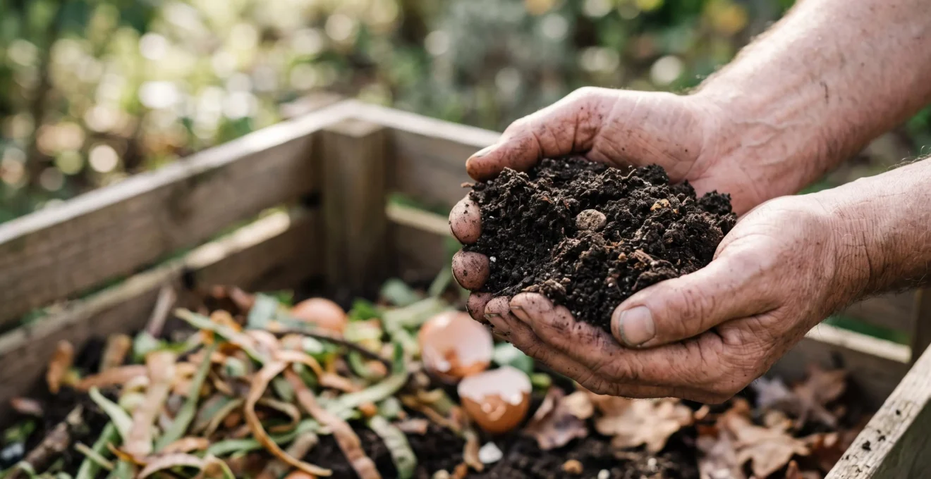 Mains tenant un tas de compost mur et sombre, symbole de la transformation des dechets vegetaux en or noir fertile pour le jardin