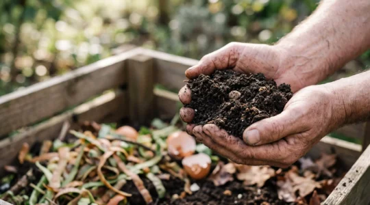Mains tenant un tas de compost mur et sombre, symbole de la transformation des dechets vegetaux en or noir fertile pour le jardin