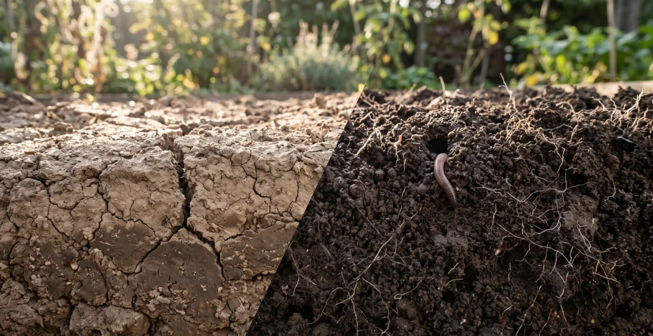 Coupe de terrain montrant la transition entre un sol compact et fissuré et une terre meuble et aeree riche en vie du sol