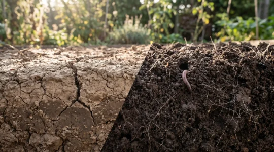 Coupe de terrain montrant la transition entre un sol compact et fissuré et une terre meuble et aeree riche en vie du sol